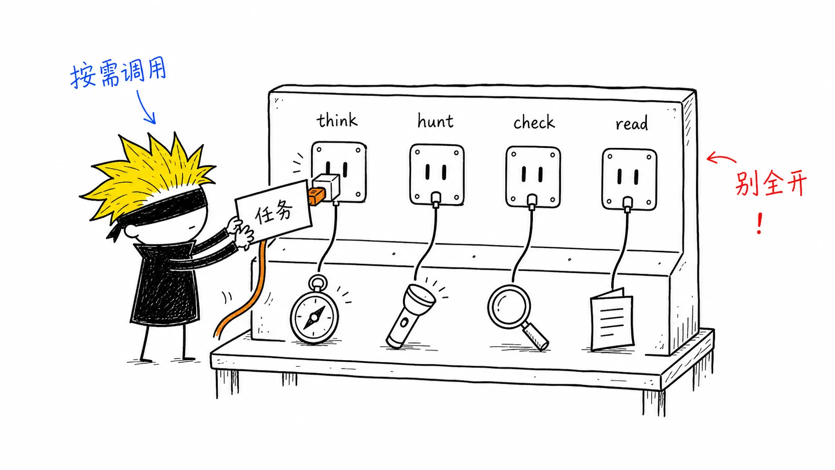 ikun 把当前任务卡插进 think、hunt、check、read 动作插线台